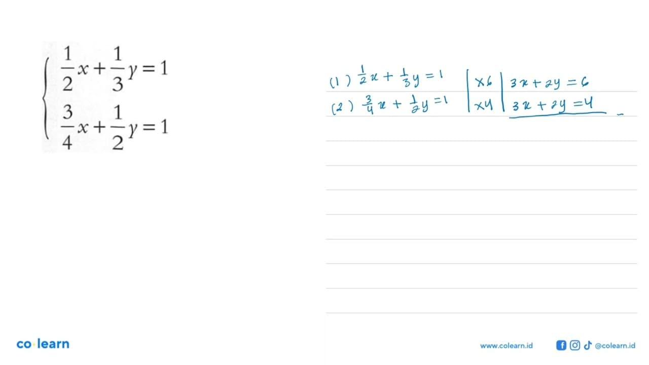 1/2 x + 1/3 y = 1 3/4 x + 1/2 y = 1