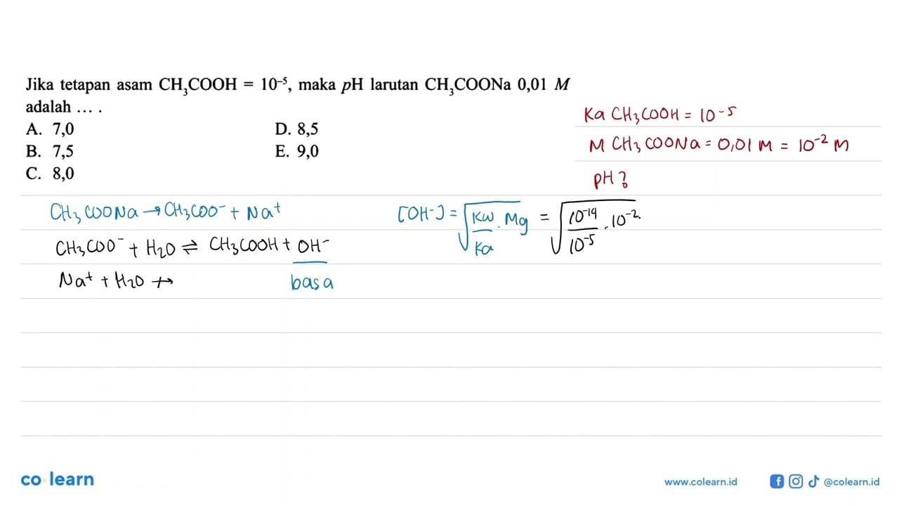 Jika tetapan asam CH3COOH=10^(-5), maka pH larutan CH3COONa