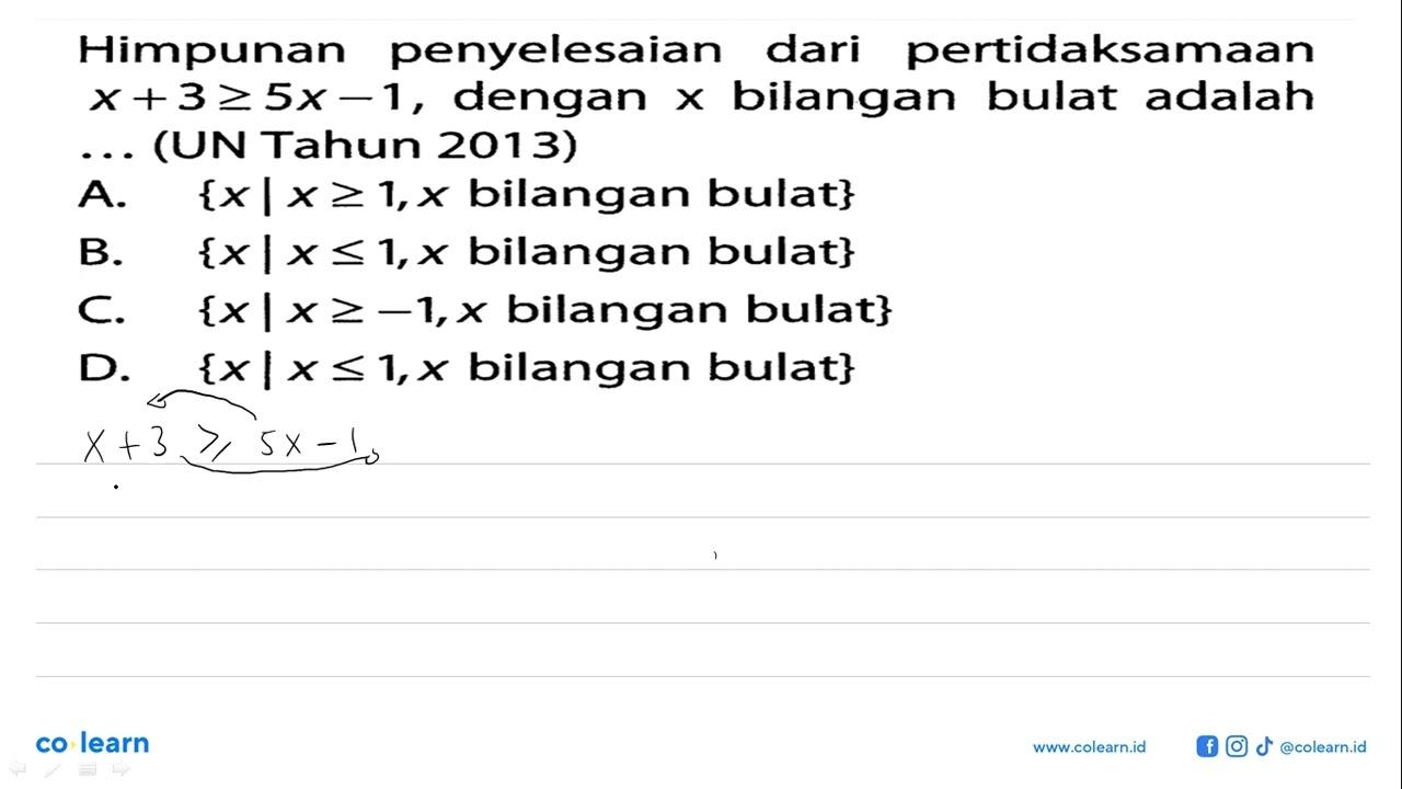 Himpunan penyelesaian pertidaksamaan dari x+3 >= 5x-1,