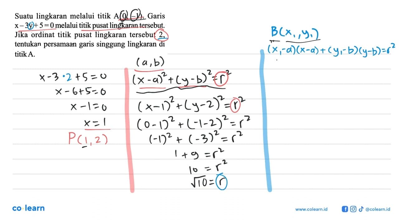 Suatu lingkaran melalui titik A(0,-1). Garis x-3y+5=0