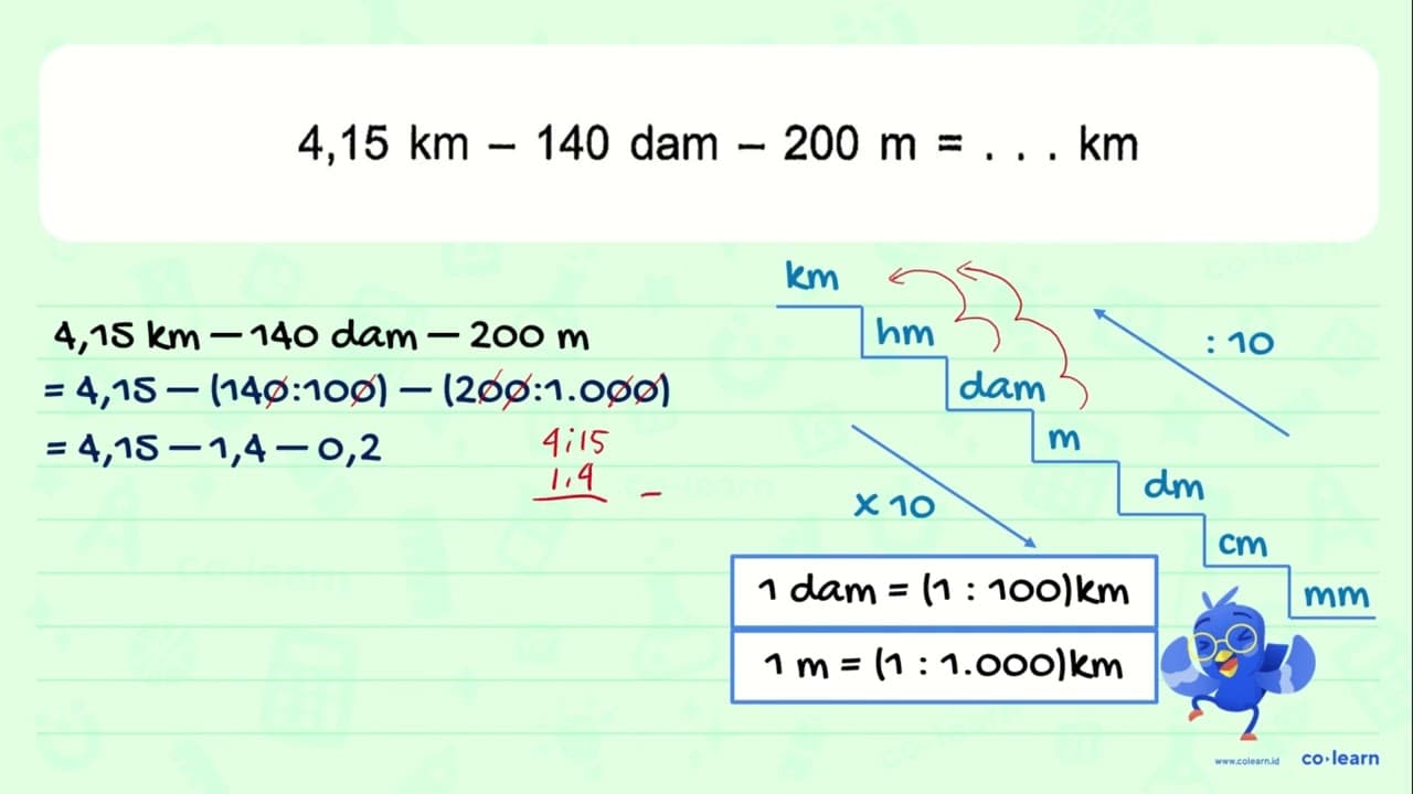 4,15 km - 140 dam - 200 m = . . . km