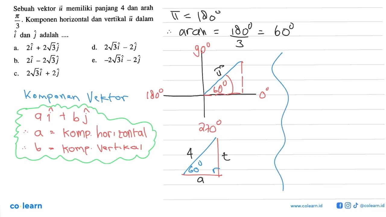 Sebuah vektor u memiliki panjang 4 dan arah pi/3. Komponen