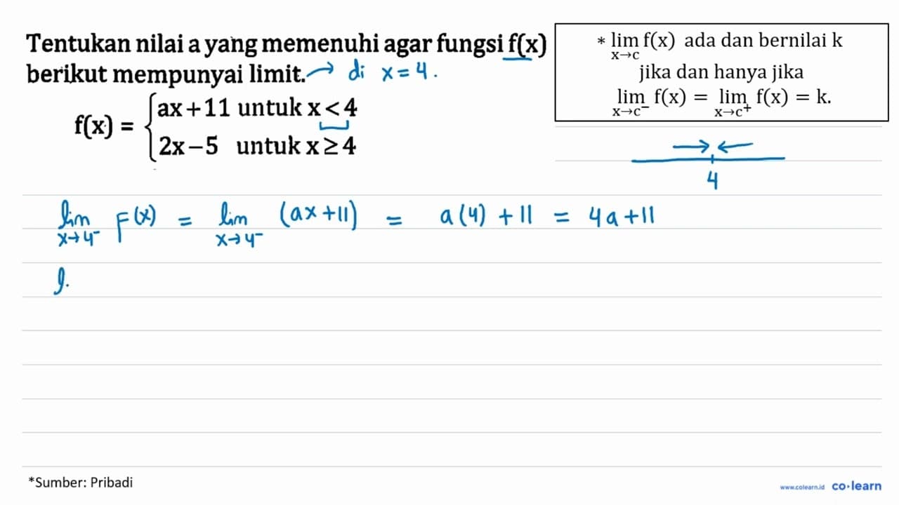 Tentukan nilai a yang memenuhi agar fungsi f(x) berikut