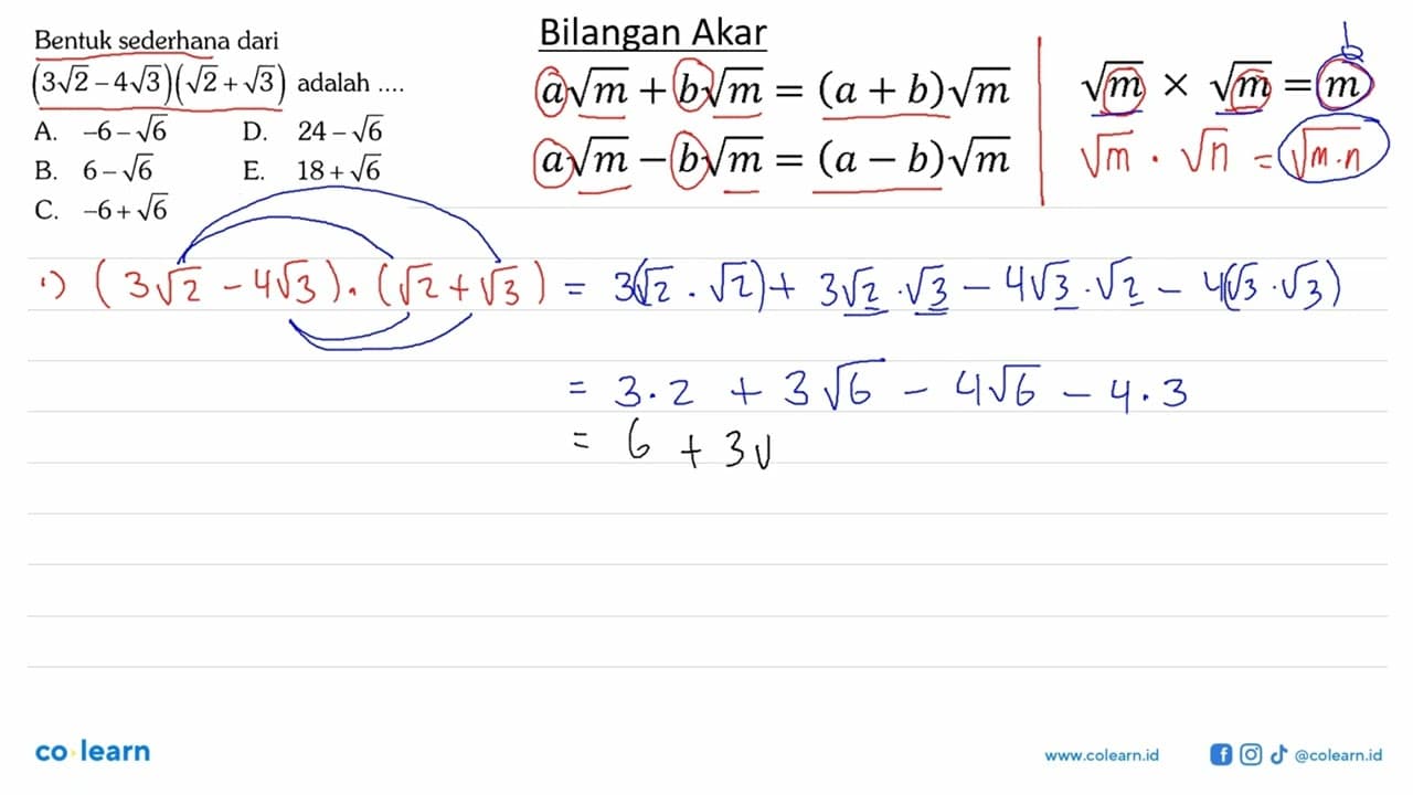 Bentuk sederhana dari (3akar(2)-4 akar(3))(akar(2)+akar(3))