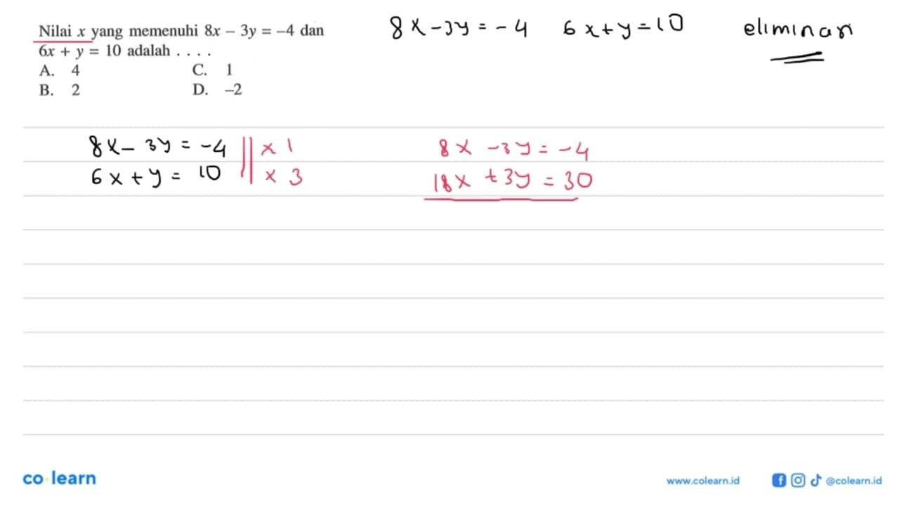 Nilai x yang memenuhi 8x - 3y = -4 dan 5 = 6x + y = 10