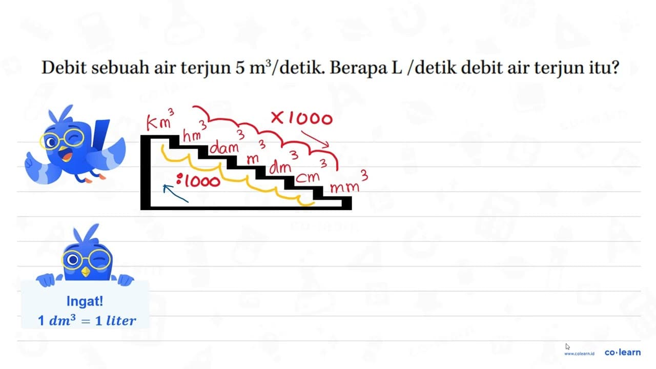 Debit sebuah air terjun 5 m^3/detik. Berapa L/detik debit