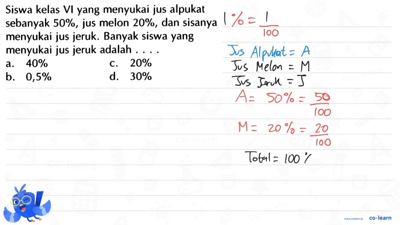 Siswa kelas VI yang menyukai jus alpukat sebanyak 50%, jus