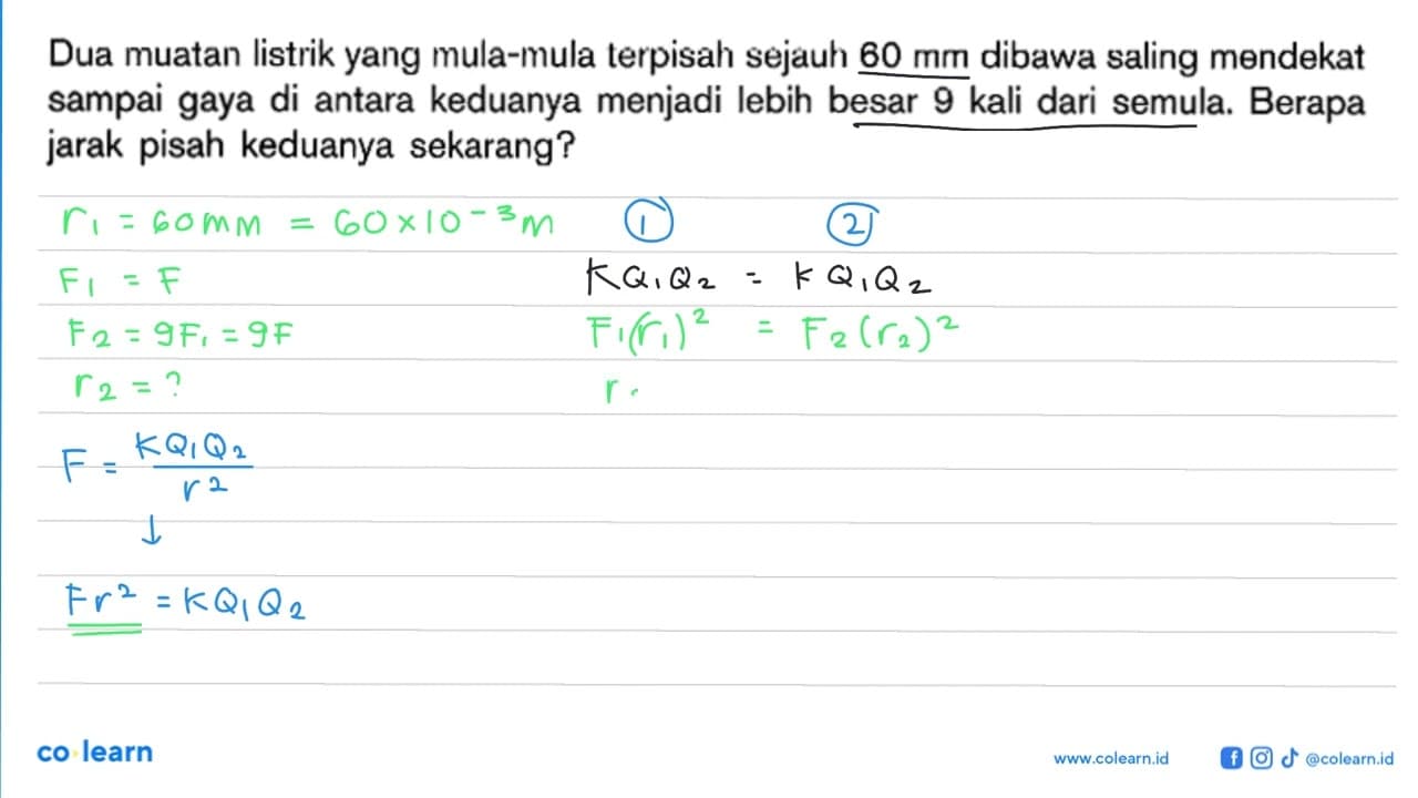 Dua muatan listrik yang mula-mula terpisah sejauh 60 mm