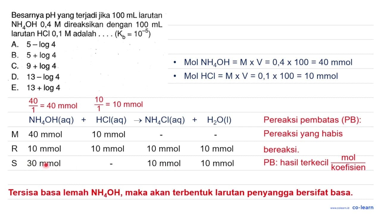 Besarnya pH yang terjadi jika 100 mL larutan NH4OH 0,4 M