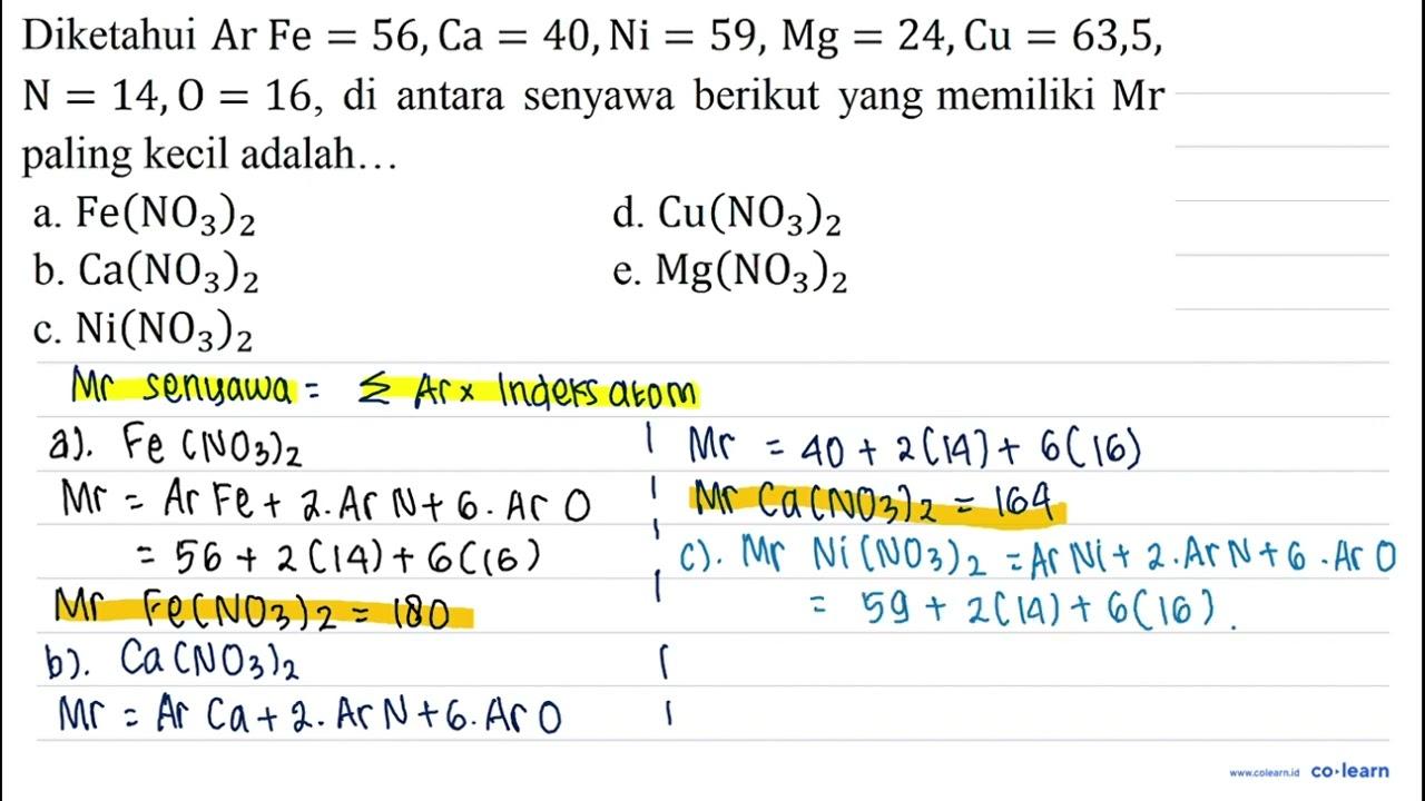 Diketahui Ar Fe =56, Ca=40, Ni=59, Mg=24, Cu=63,5 , N=14,