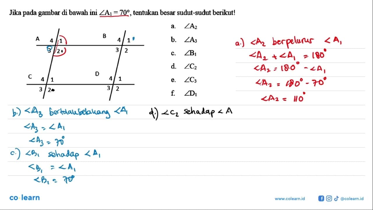 Jika pada gambar di bawah ini sudut A1=70, tentukan besar