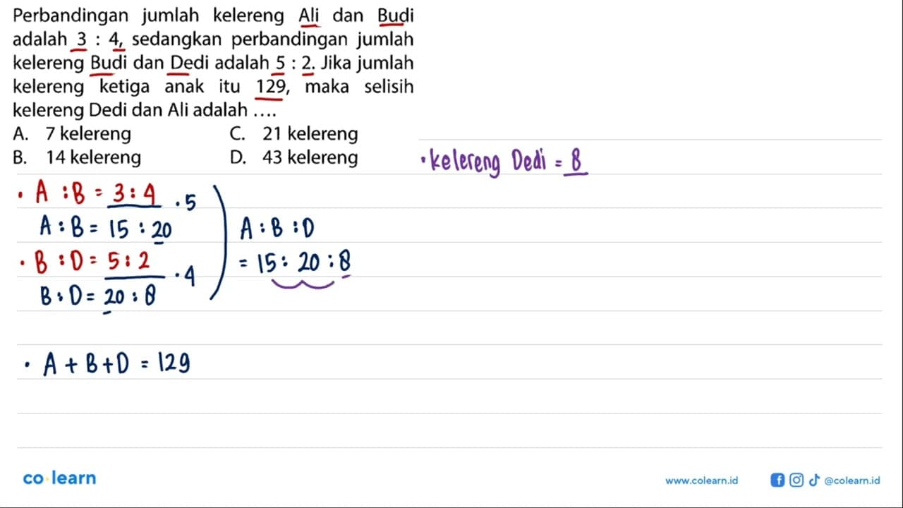 Perbandingan jumlah kelereng Ali dan Budi adalah 3:4,