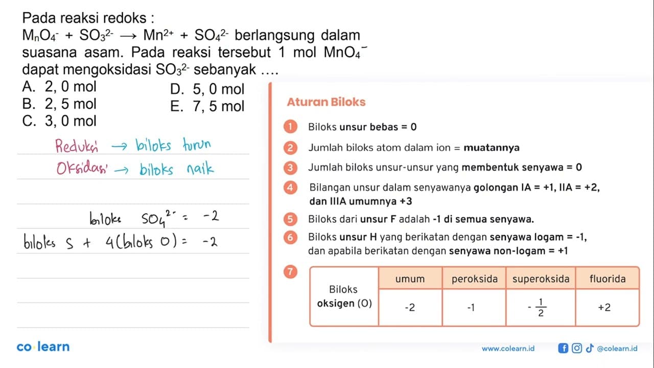 Pada reaksi redoks : MnO4^- + SO3^(2-) -> Mn^(2+) +