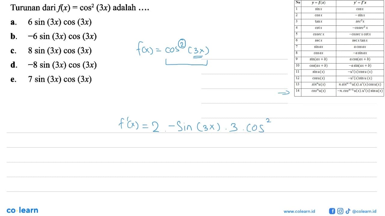 Turunan dari f(x)=cos^2 (3x) adalah ....