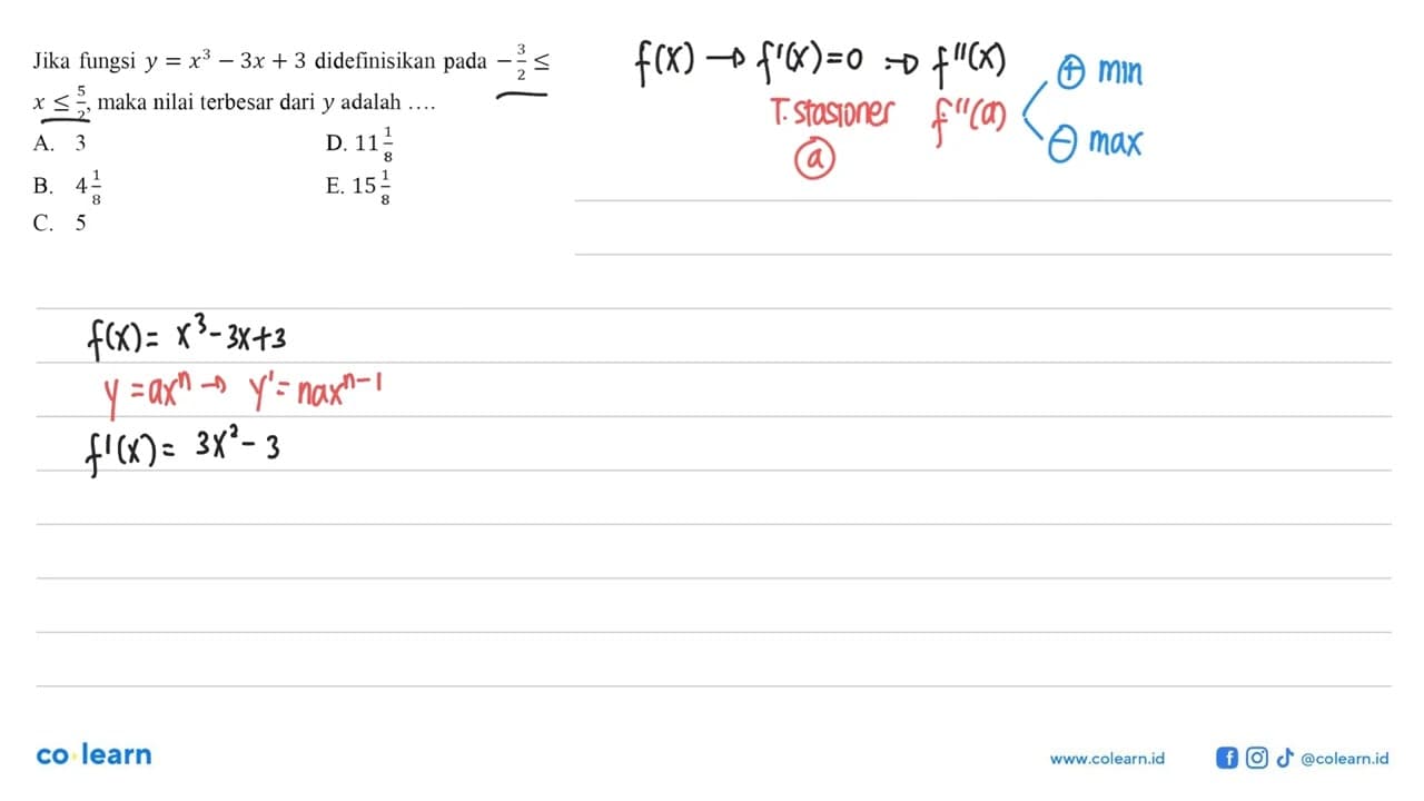 Jika fungsi y=x^3-3x+3 didefinisikan pada -3/2<=x<=5/2,