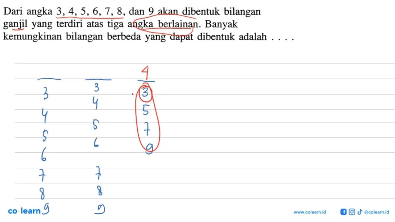 Dari angka 3,4,5,6,7,8 , dan 9 akan dibentuk bilangan