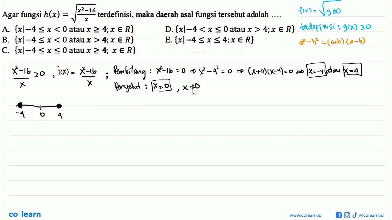 Agar fungsi h(x)=akar((x^2-16)/x) terdefinisi, maka daerah