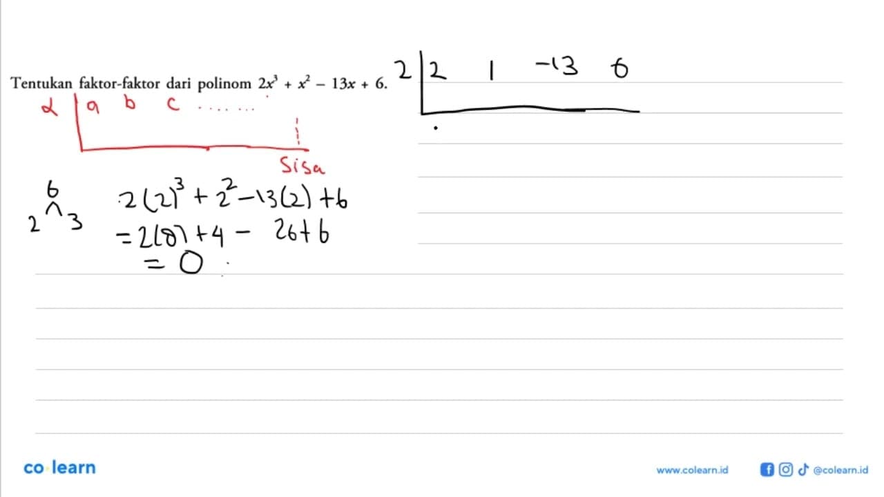 Tentukan faktor-faktor dari polinom 2x^3+x^2-13x+6.