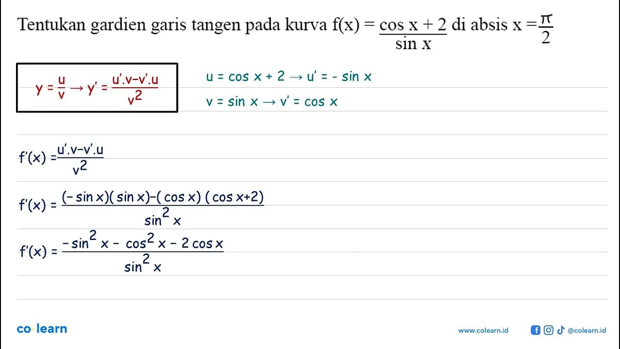 Tentukan gardien garis tangen pada kurva f(x) = (cos x +