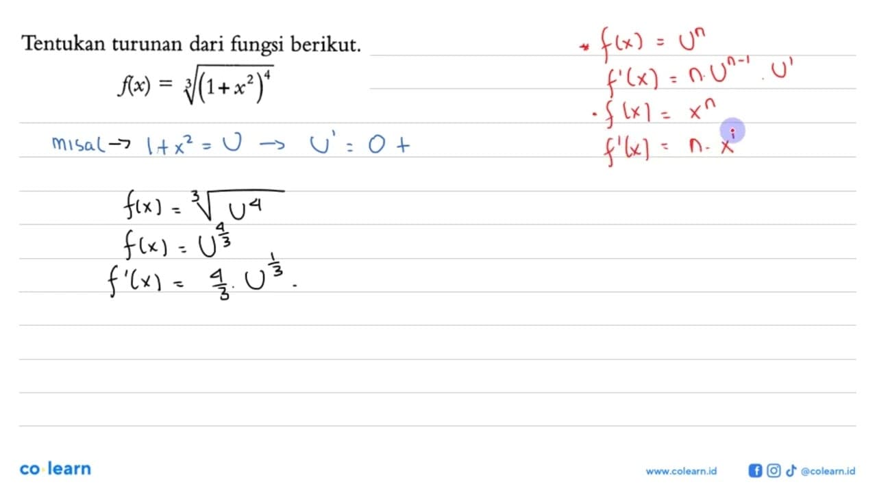 Tentukan turunan dari fungsi berikut.f(x)=(1+x^2)^(4/3)