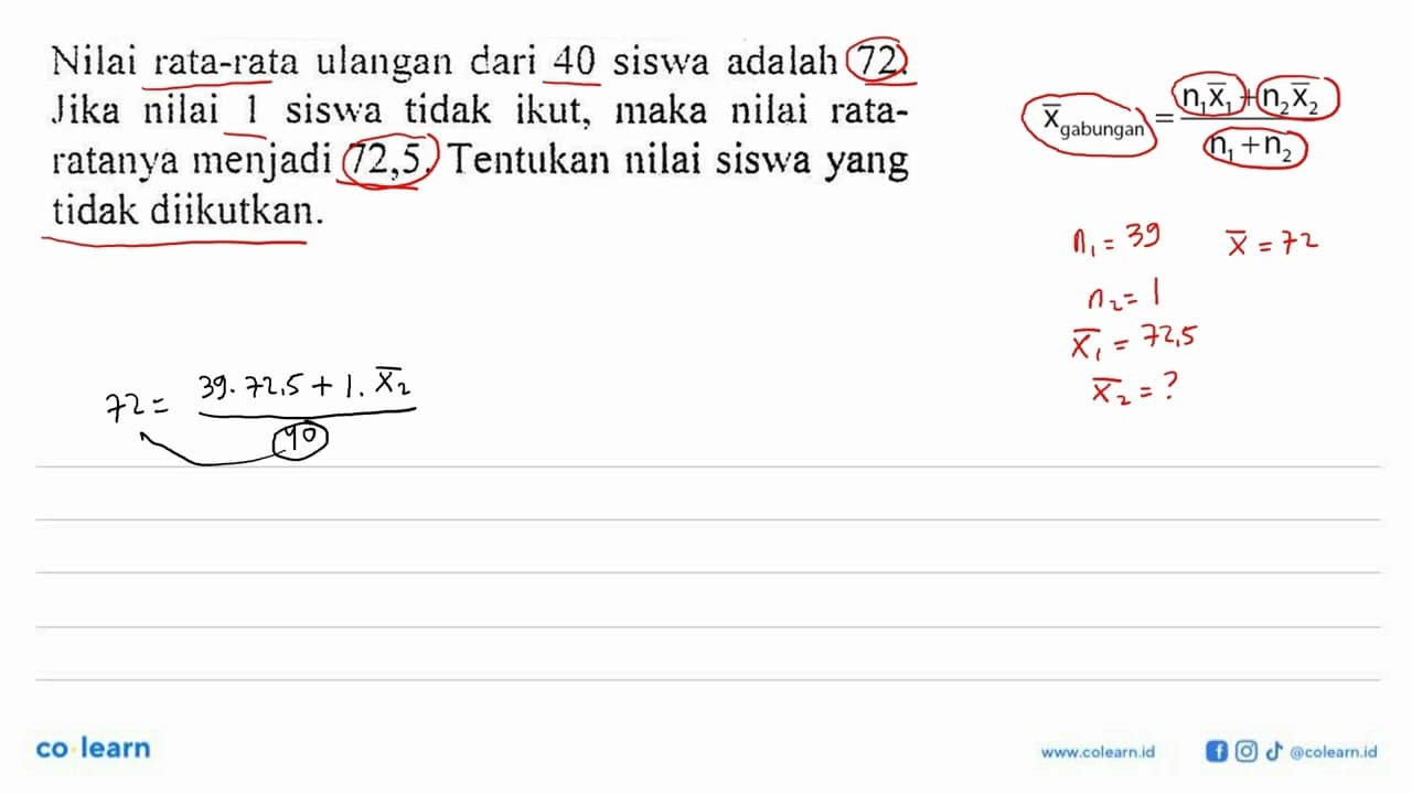 Nilai rata-rata ulangan dari 40 siswa adalah 72. Jika nilai