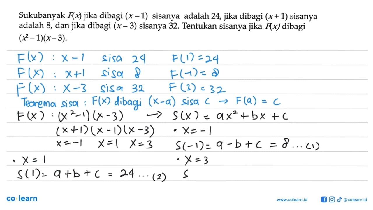 Sukubanyak F(x) jika dibagi (x-1) sisanya adalah 24, jika