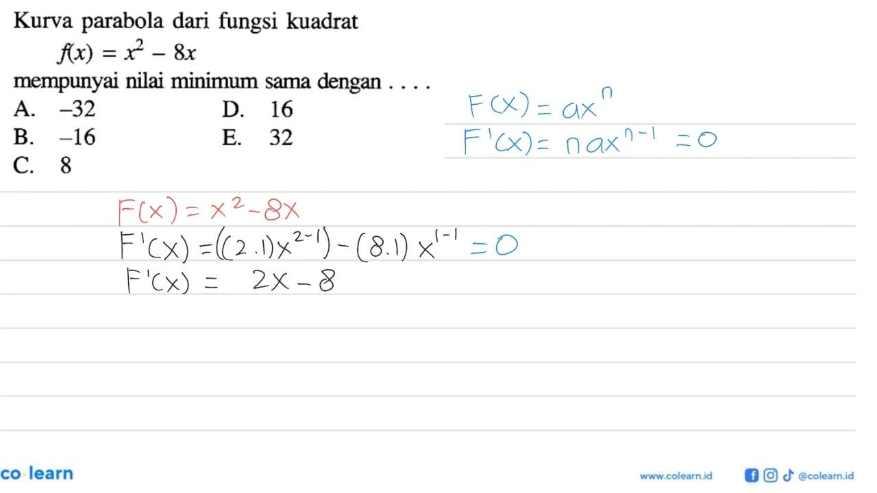 Kurva parabola dari fungsi kuadratf(x)=x^2-8xmempunyai