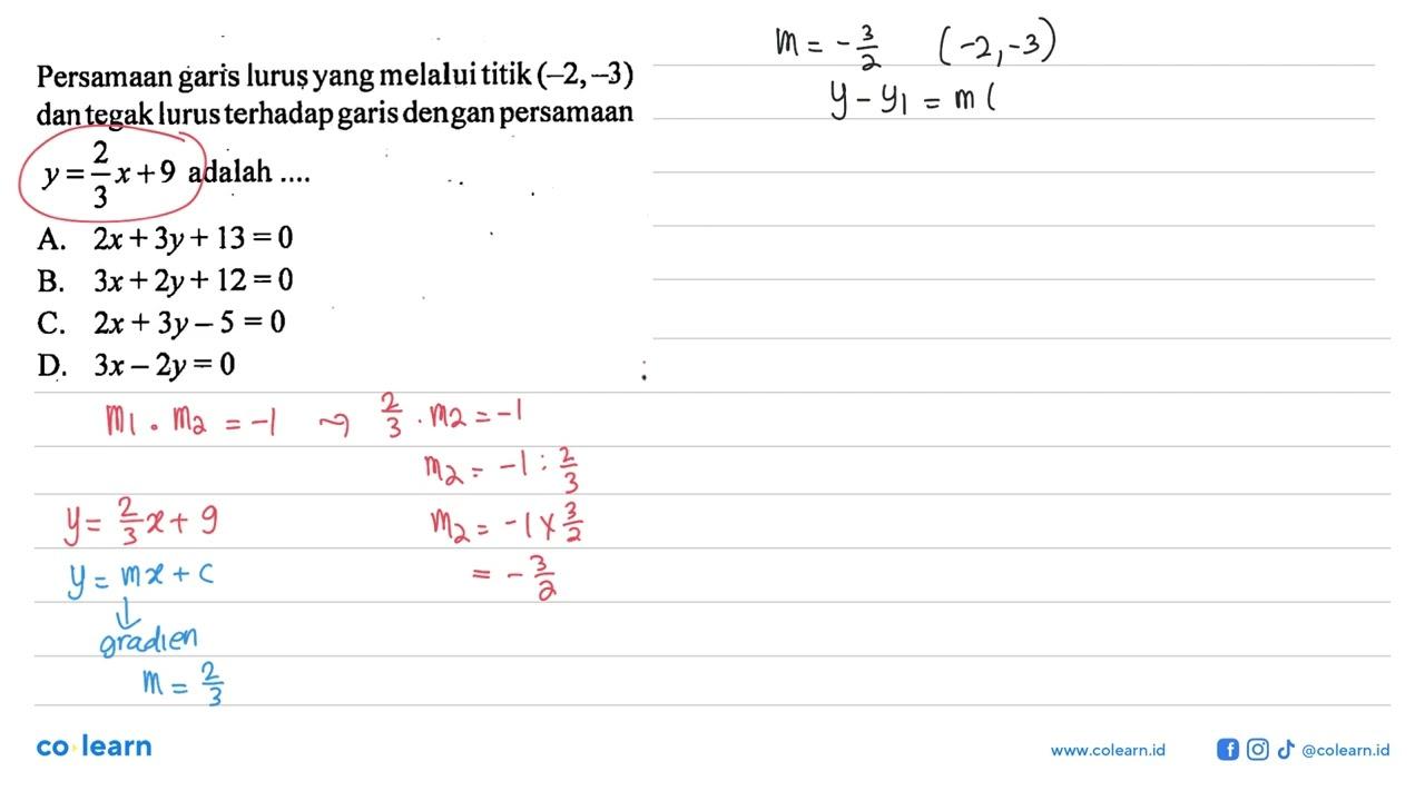 Persamaan garis lurus yang melalui titik (-2, -3) dan tegak