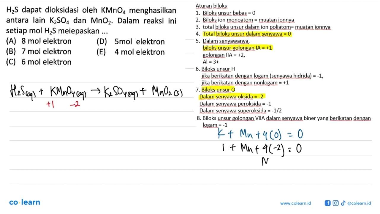 H2S dapat dioksidasi oleh KMnO4 menghasilkan antara lain