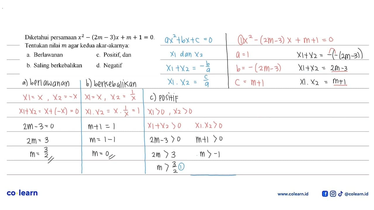 Diketahui persamaan x^2 - (2m - 3)x + m + 1 = 0. Tentukan