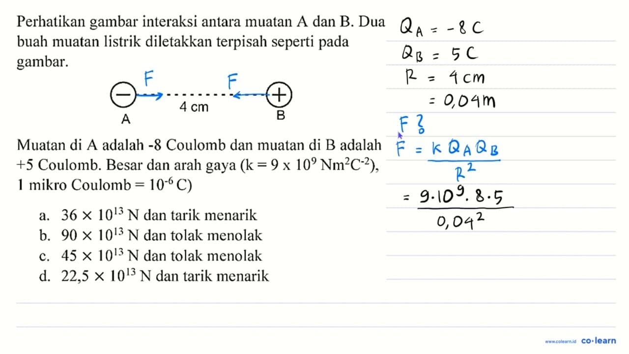 Perhatikan gambar interaksi antara muatan A dan B. Dua buah