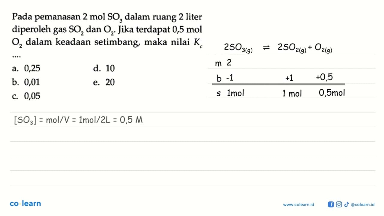 Pada pemanasan 2 mol SO3 dalam ruang 2 liter diperoleh gas