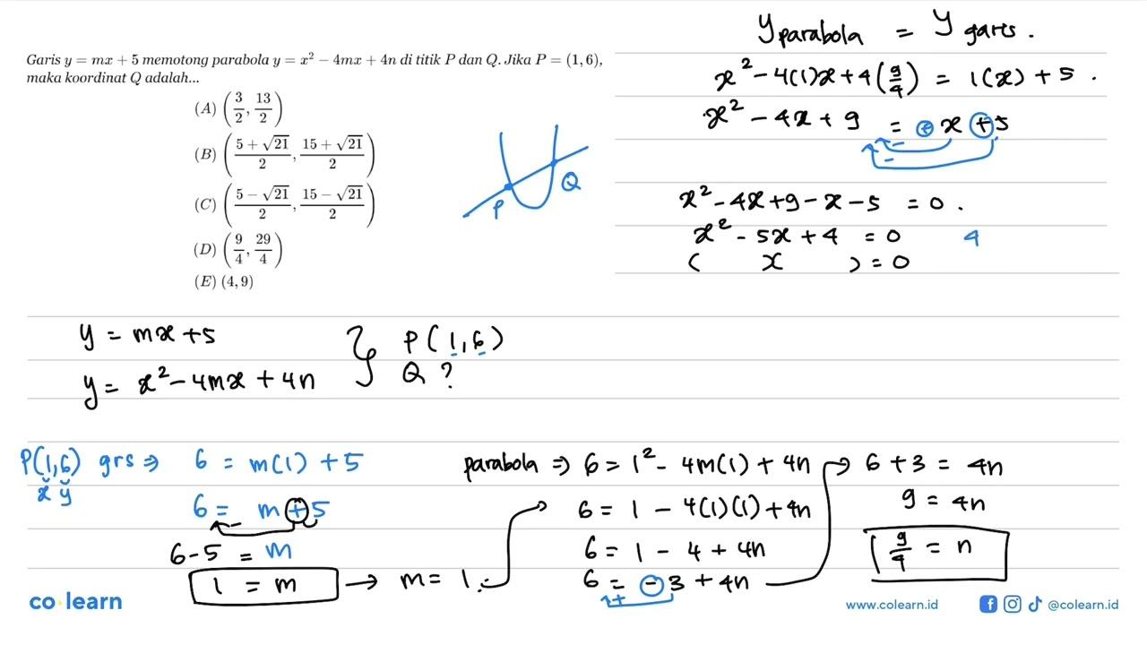 Garis y = mx + 5 memotong parabola y = x^2 - 4mx + 4n di