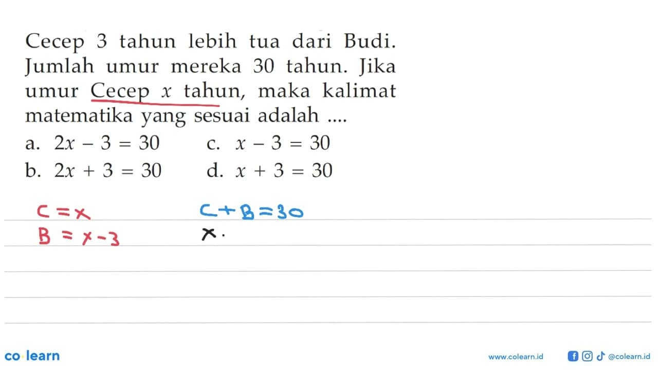 Сесер 3 tahun lebih tua dari Budi. Jumlah umur mereka 30