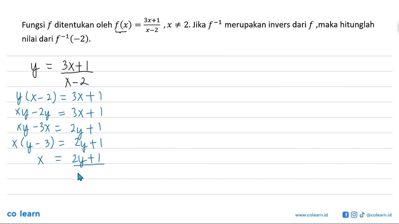 Fungsi f ditentukan oleh f(x)=(3x+1)/(x-2), x =/= 2. Jika