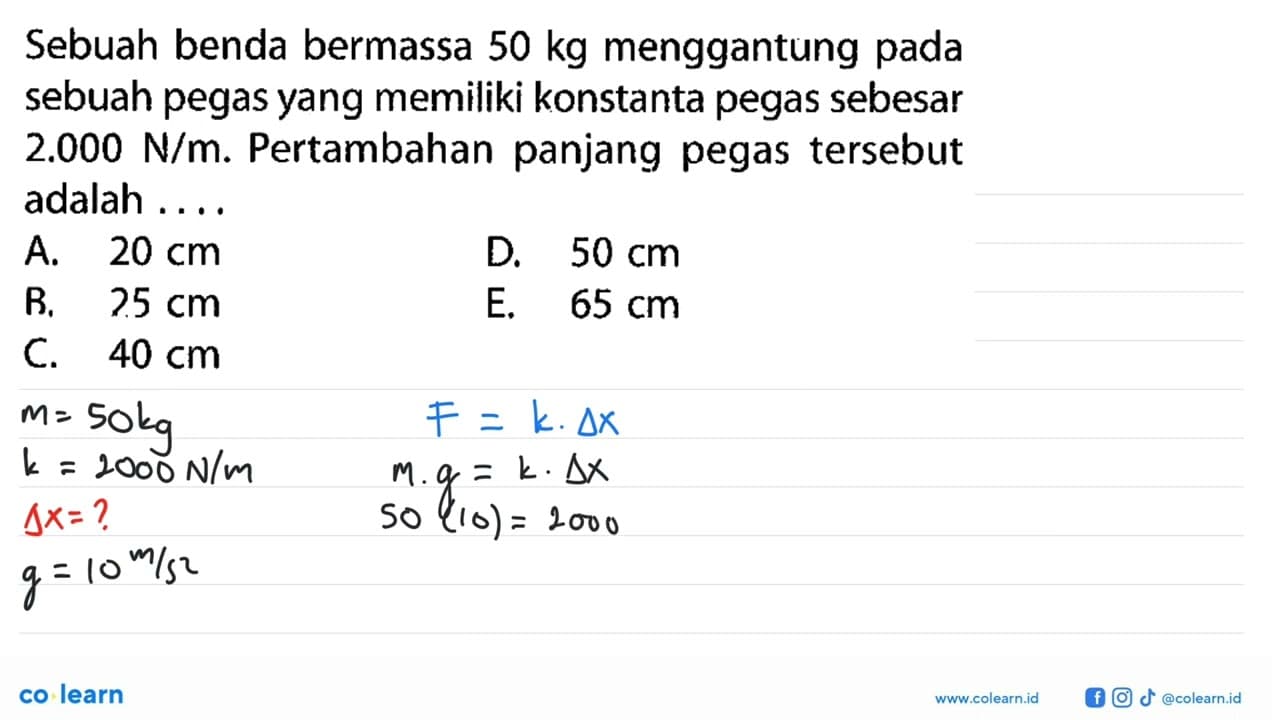 Sebuah benda bermassa 50 kg menggantung pada sebuah pegas