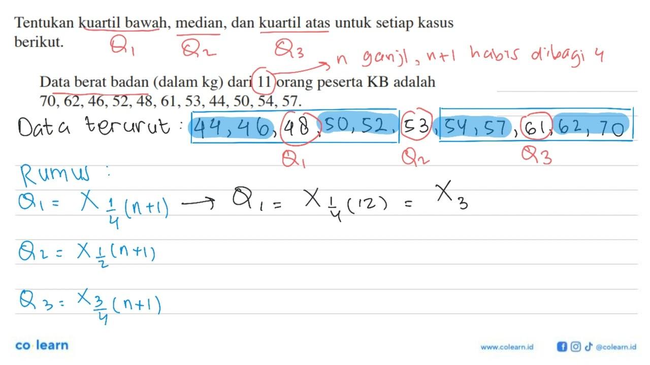 Tentukan kuartil bawah, median, dan kuartil atas untuk