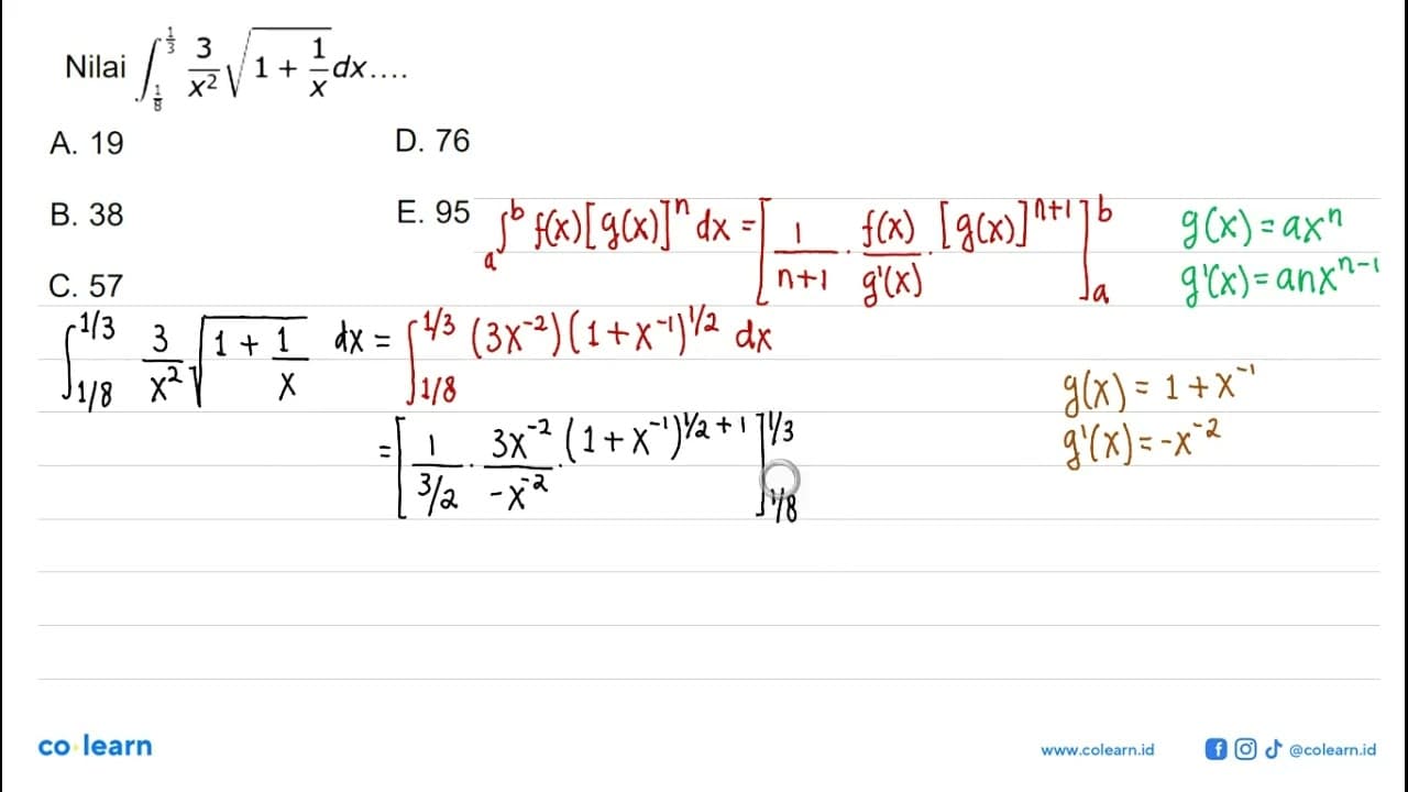 Nilai integral 1/8 1/3 3/x^2 akar(1+1/x) dx