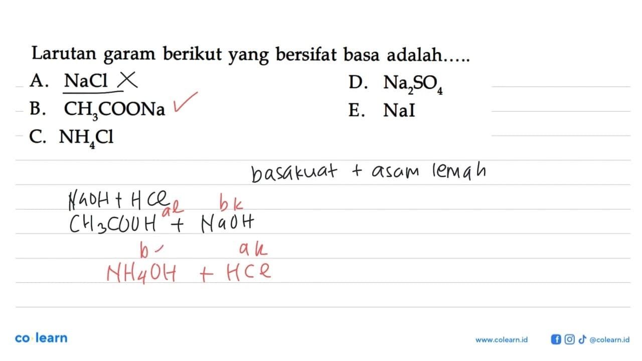 Larutan garam berikut yang bersifat basa adalah.....