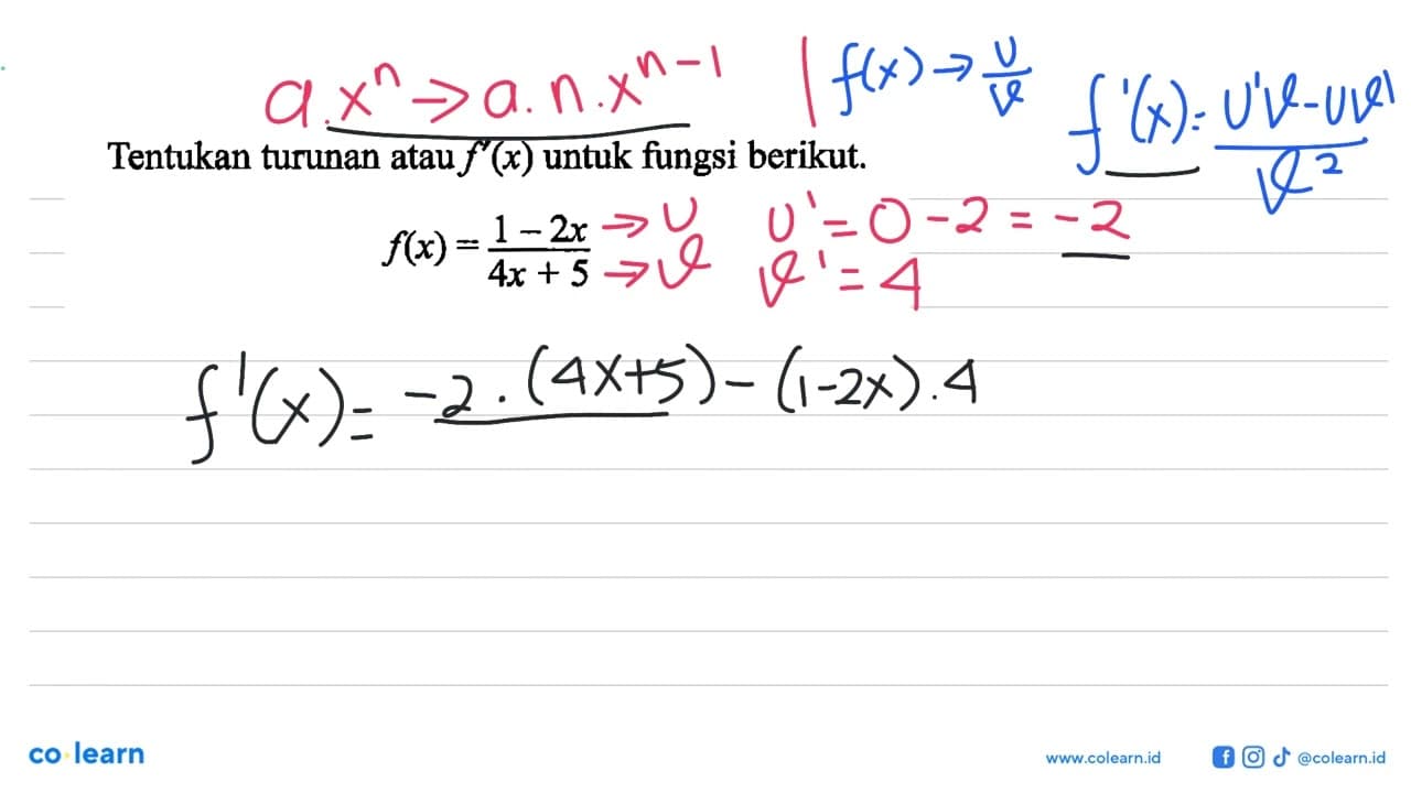 Tentukan turunan atau f'(x) untuk fungsi berikut.