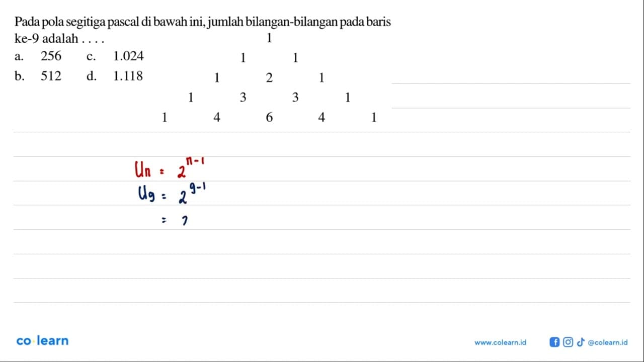 Pada pola segitiga pascal di bawah ini, jumlah