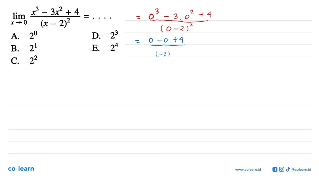 lim x -> 0 (x^3-3x^2+4)/(x-2)^2=...