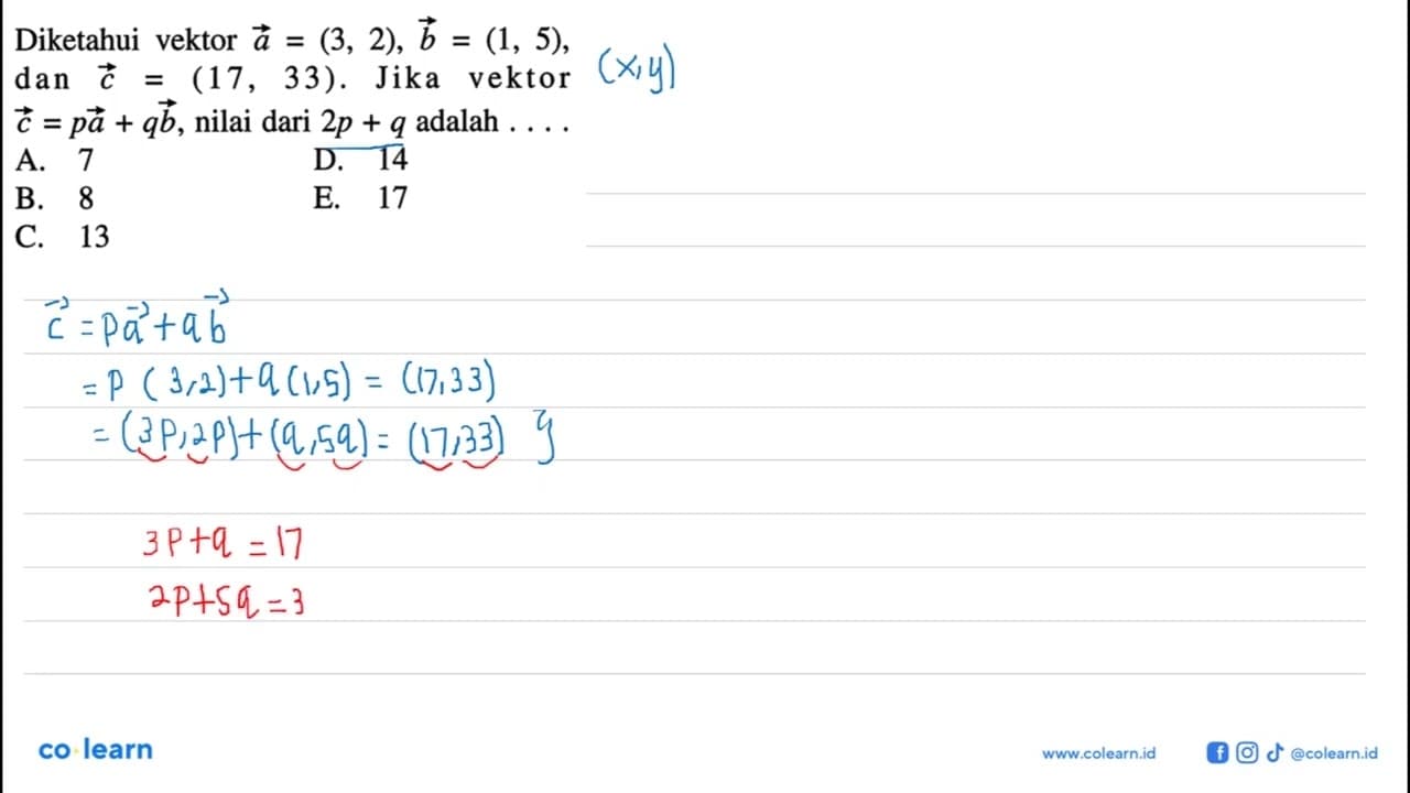 Diketahui vektor a=(3,2), b=(1,5) , dan c=(17,33) . Jika