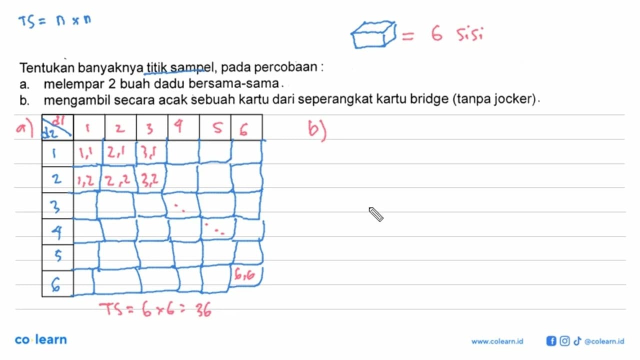 Tentukan banyaknya titik sampel, pada percobaan :a.