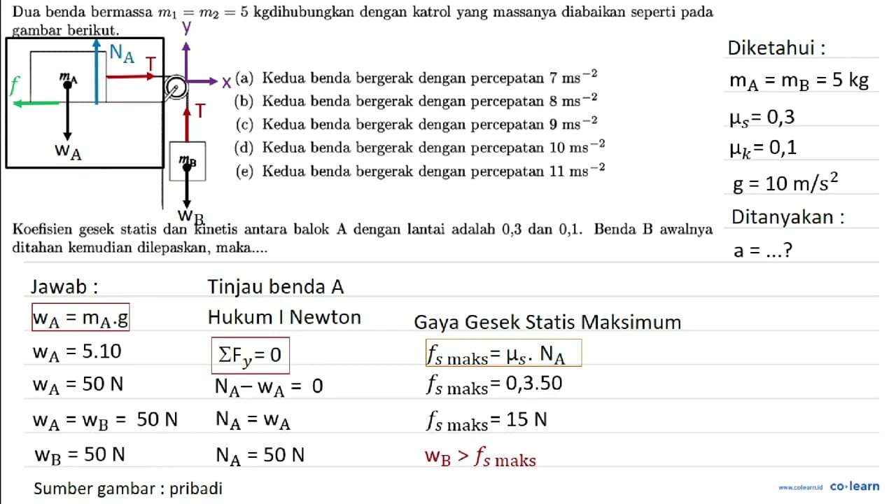 Dua benda bermassa m_{1}=m_{2}=5 kgdihubungkan dengan