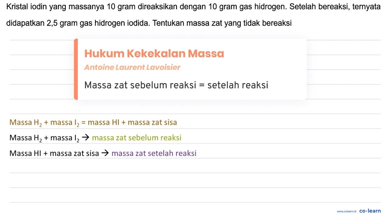 Kristal iodin yang massanya 10 gram direaksikan dengan 10