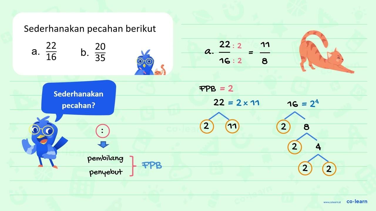 Sederhanakan pecahan berikut.a. 22/16 b. 20/35