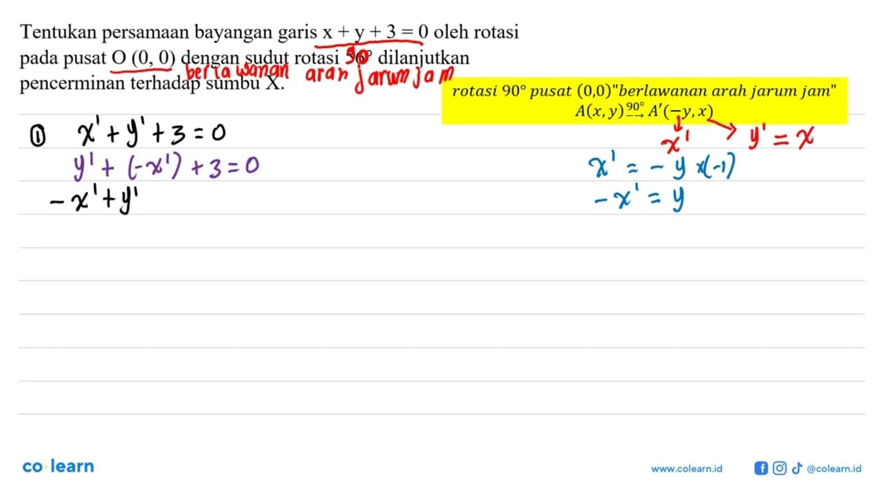 Tentukan persamaan bayangan garis x + y + 3 = 0 oleh rotasi