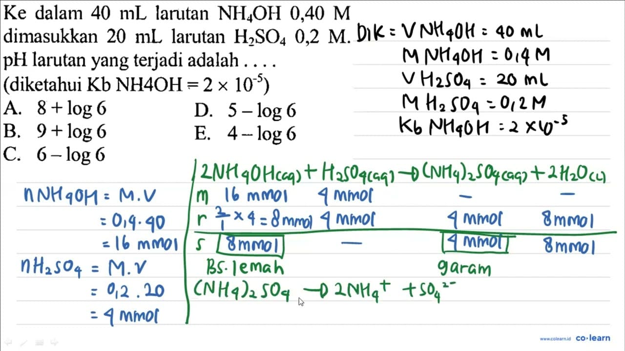 Ke dalam 40 mL laritan NH4 OH 0,40 M dimasukkan 20 mL