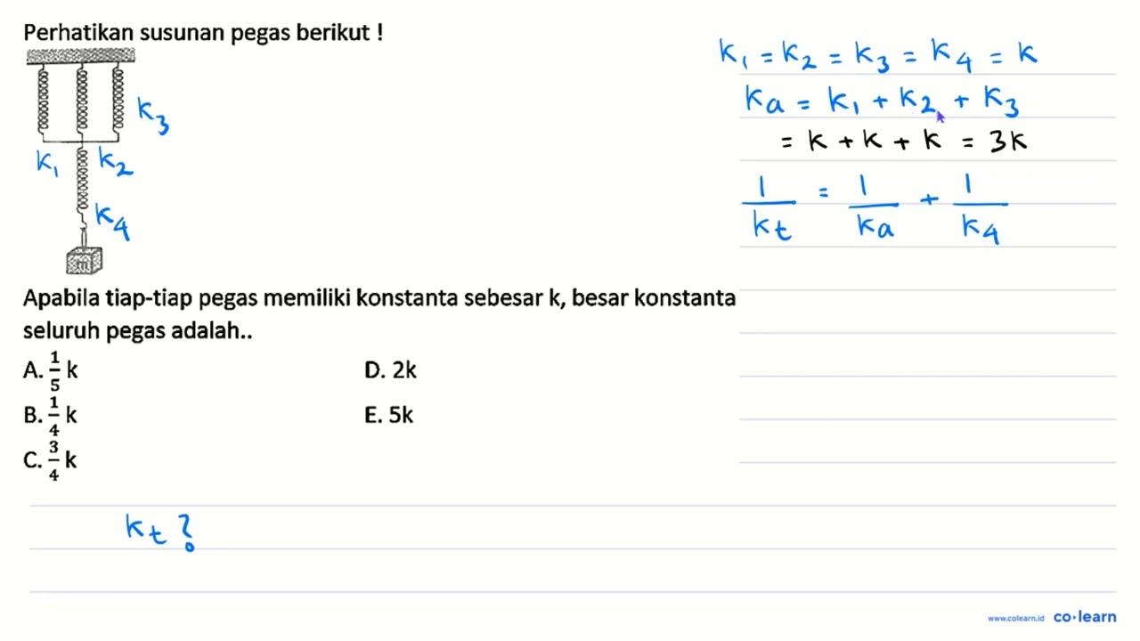 Perhatikan susunan pegas berikut ! Apabila tiap-tiap pegas